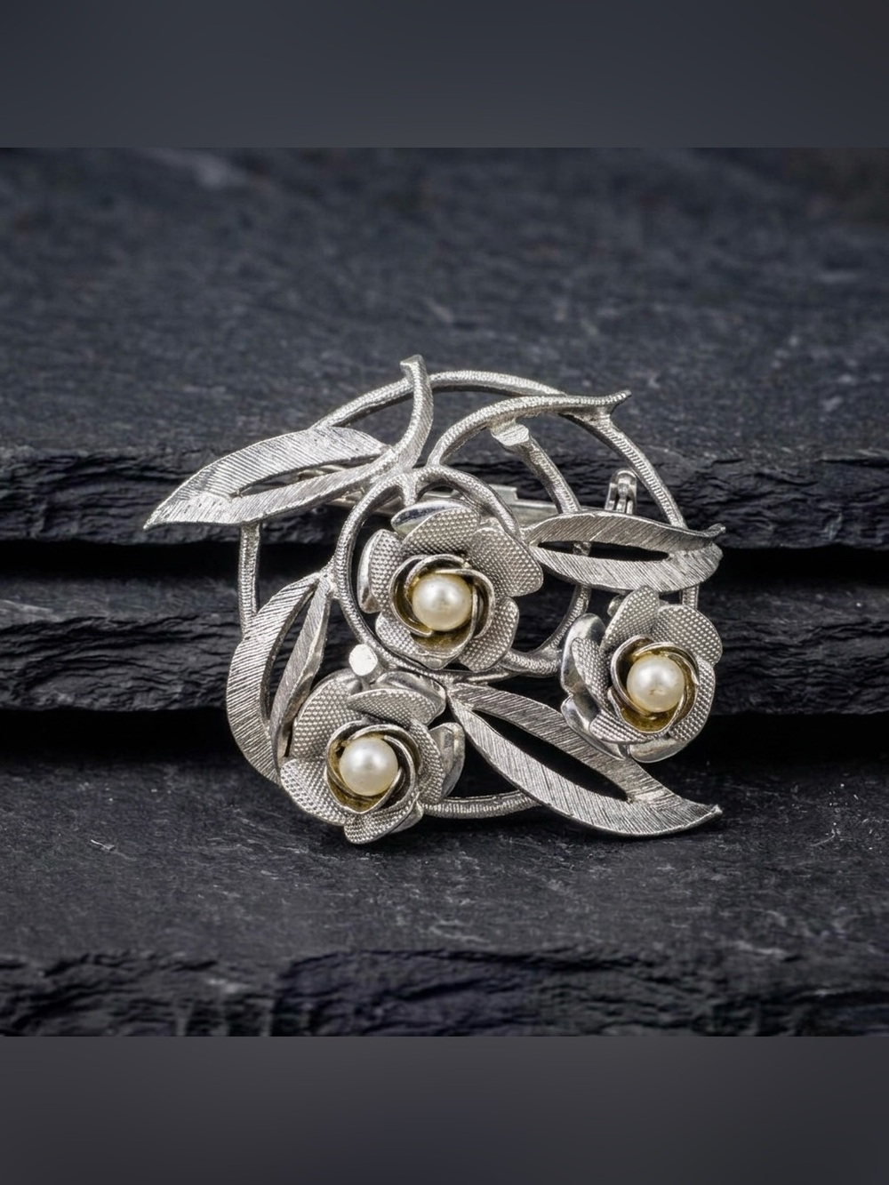 Vintage 50s Coro Retro Faux Pearl 3D Rose Flower Silver Tone Openwork Brooch
